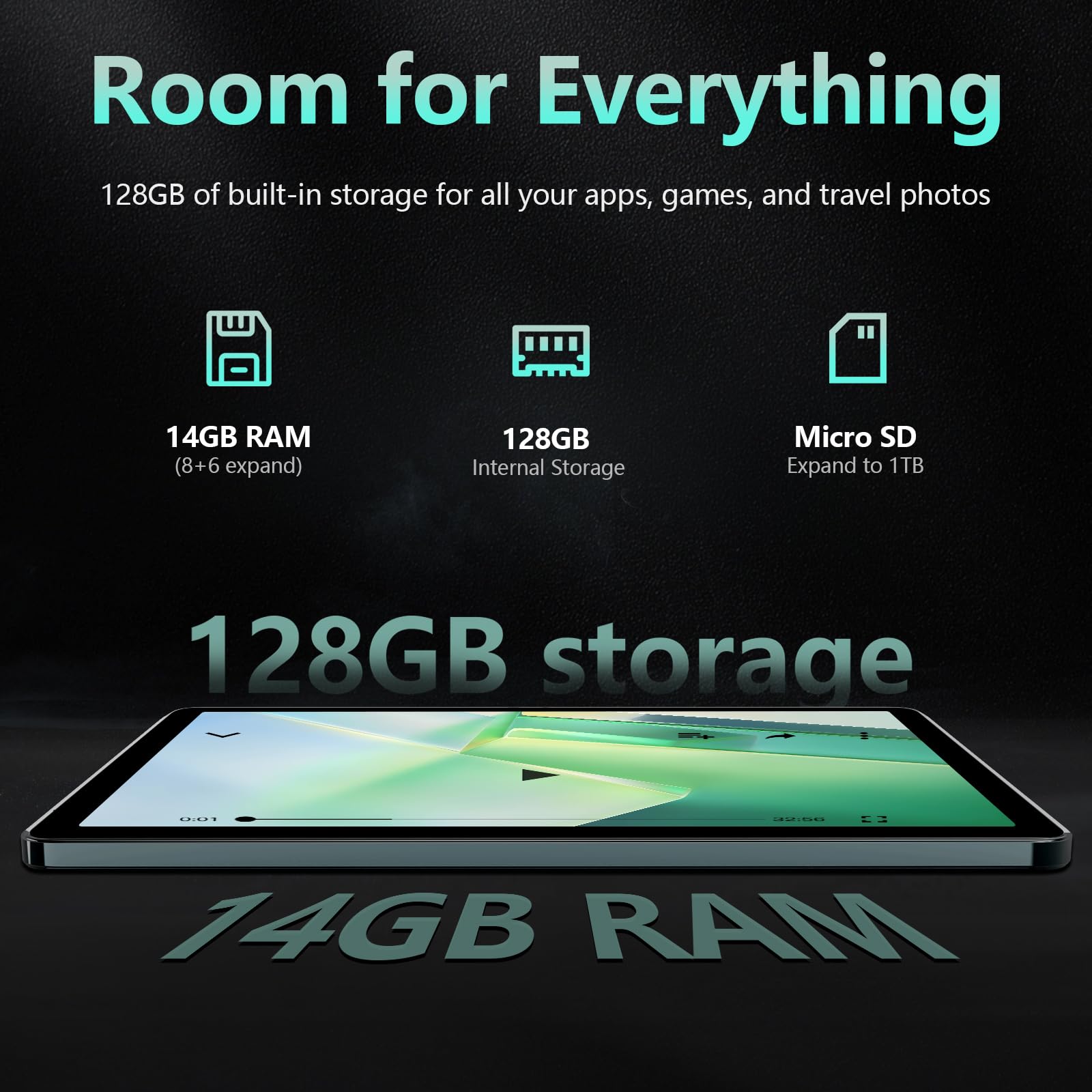 Android 14 Tablet 10 Inch, 4G Cellular Tablets, Octa-Core, 128GB Storage + 14(8+6)GB RAM/ 1TB Expandable, 5G WiFi, 8000mAh Battery, Bluetooth 5.0, 13MP+8MP Camera, Tableta with Keyboard/Case Kit, Gray