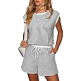Dokotoo Women's Summer Casual Rompers Striped Shorts Overalls Adjustable Drawstring Waist Jumpsuits One Piece Outfits
