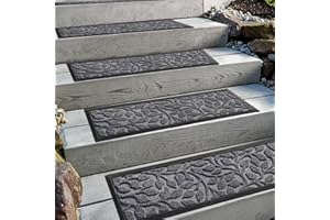 Aucuda 2pcs 8.5" x 30" Stair Treads Outdoor for Elders and Dogs on Wooden Steps, Non Slip Stair Runner Rug Heat Insulation Rubber Backing, Gray Floral Staircase Mat Carpet for Indoor Grip Farmhouse.