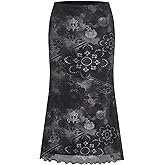 BEAUDRM Women's Floral Midi Skirt Boho Mesh High Waisted Bodycon Summer Skirts