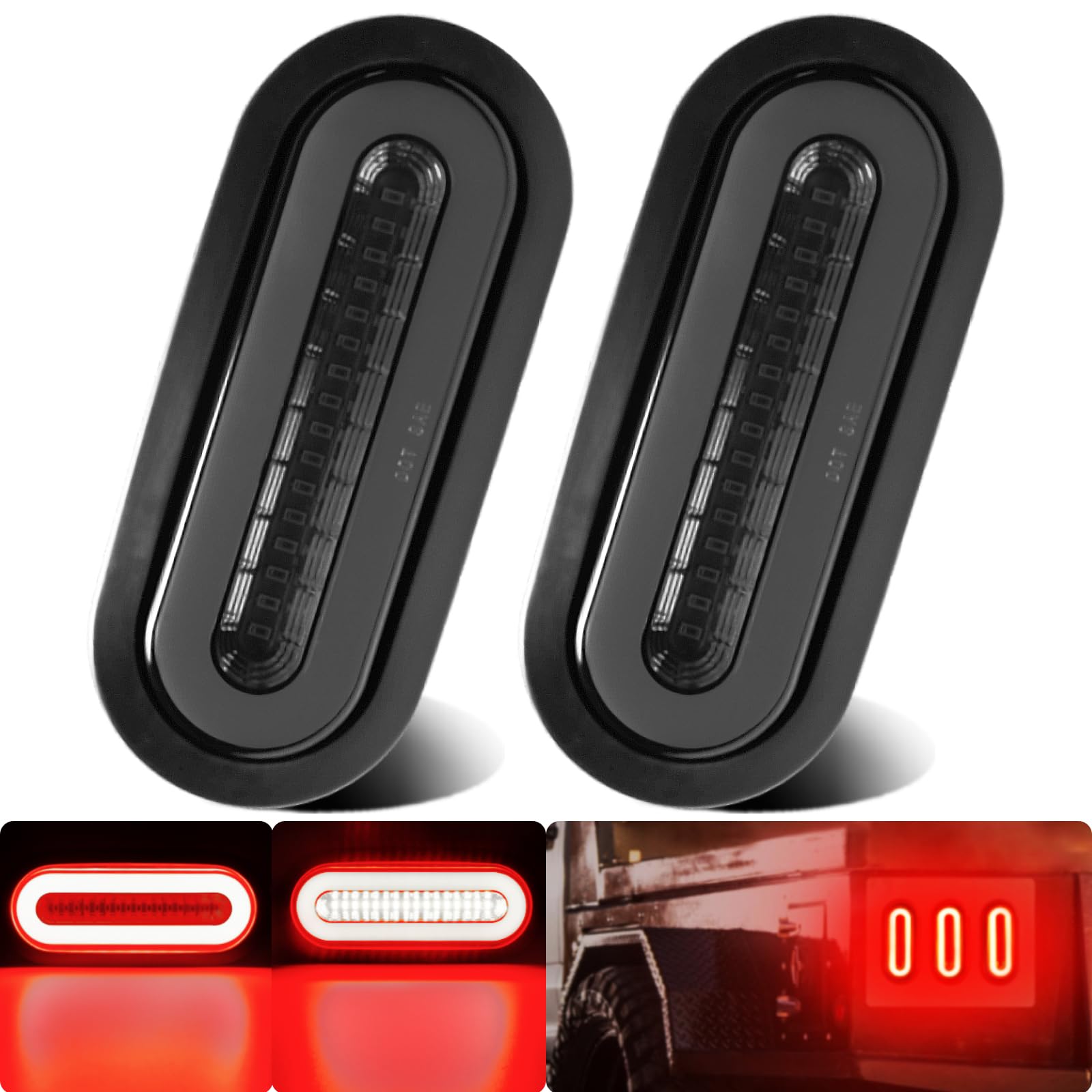 Photo 1 of WahMOTOTin 2Pcs 6" inch Smoked Lens Oval Red 52 LEDs Trailer Boat Halo Brake Stop Running Turn Signal Tail Lights?Patented? w/Rubber Grommet, Sealed Submersible IP67 for Truck/RV/Van, DC 12V