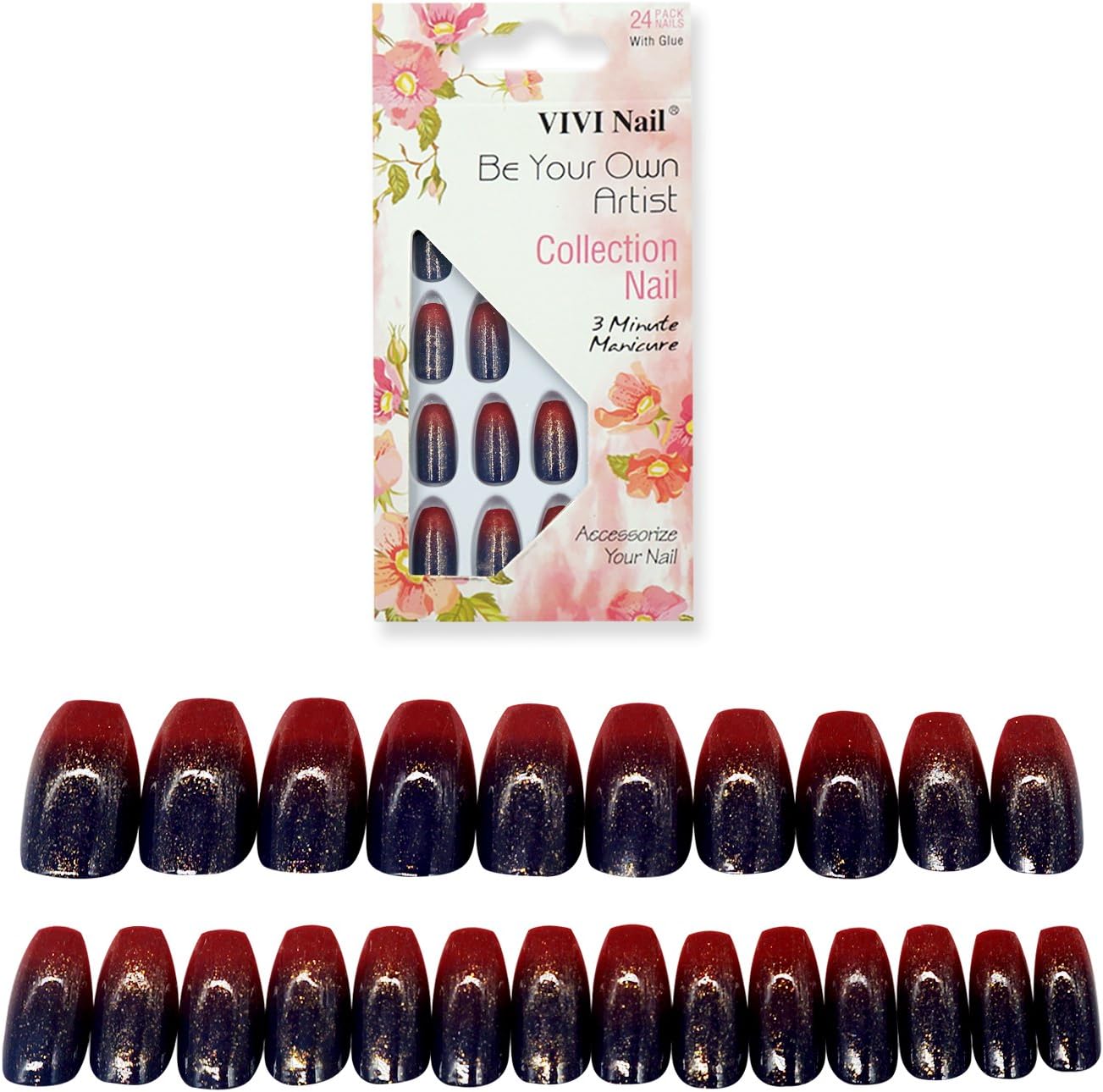 False Nails Coffin Shape with Designs 24 Pieces Full Cover Ballerina Girls Fake Nails