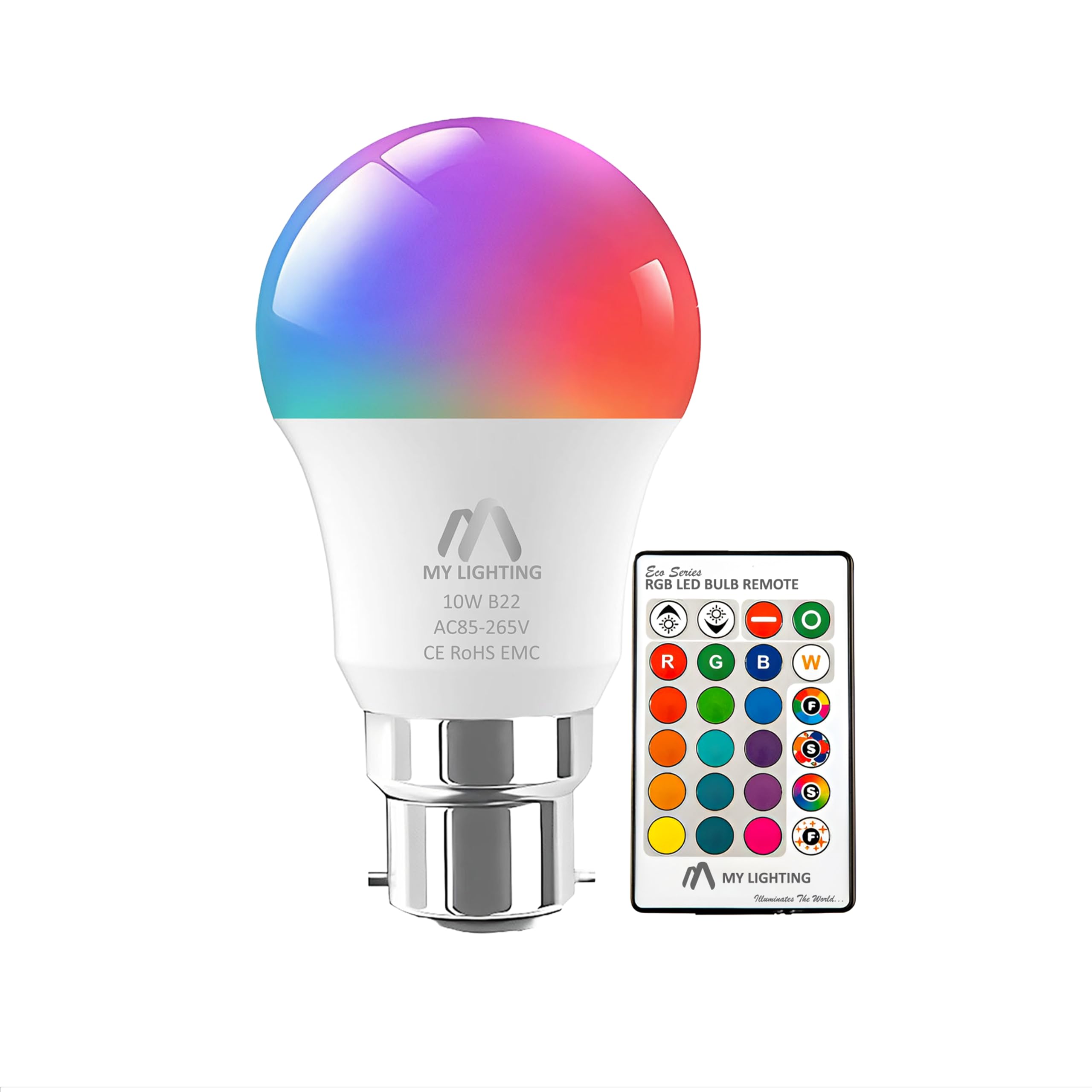 My Lighting 10W ECO Series B22 LED Bulb | Colour-Changing, Dimmable RGB + Cool White 6000K | Remote-Controlled Bayonet Cap Bulb | 16 Million Colours for Home Décor & Mood Lighting | 1 Pack