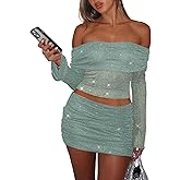 Womens Sexy Two Piece Outfits Mesh Off Shoulder Y2K Going Out Crop Top Bodycon Skirt Sets Long Sleeve Ruched Mini Dress