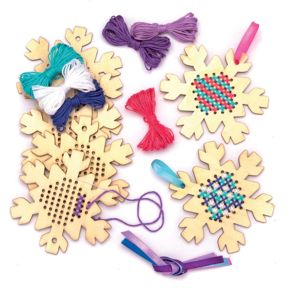 Baker Ross AW893 Snowflake Wooden Cross Stitch Decoration Kits, Christmas Arts and Crafts (Pack of 5), Assorted