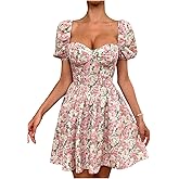 Floerns Women's Floral Short Puff Sleeve Corset Dress Sweetheart Neck Mini A Line Dresses