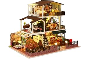 OZJAY DIY Miniature House Kit, Tiny House Kit with LED & Music Movement, European Style Retro Romantic Villa Dollhouse Kit, DIY Wooden Dollhouse Miniature Kit for Adults Teen