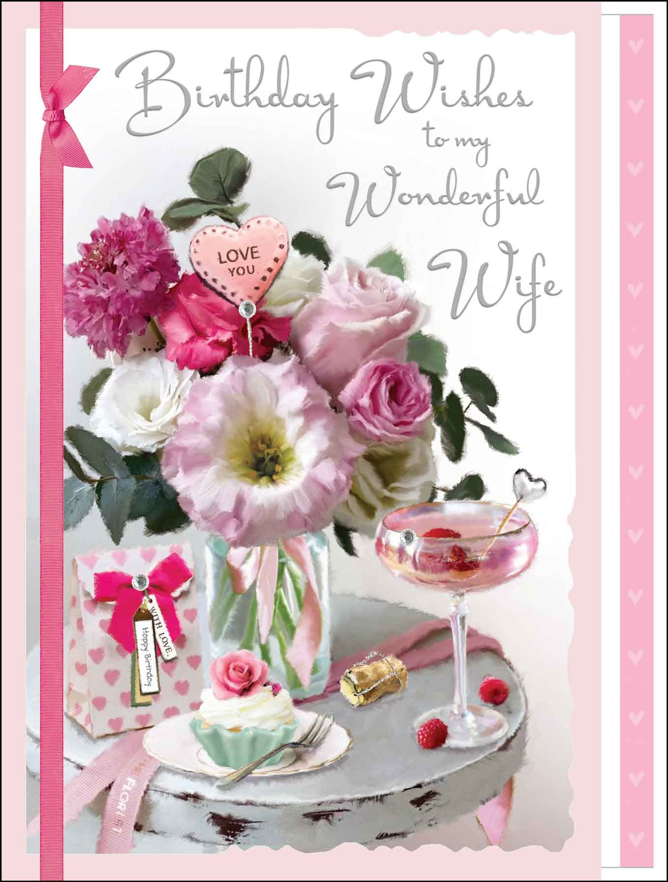 Jonny Javelin Artistic Birthday Greeting Card - 'Wonderful Wife' - Flowers, Cupcake and a Cocktail - Ribbon Embellishment and Leaf Insert