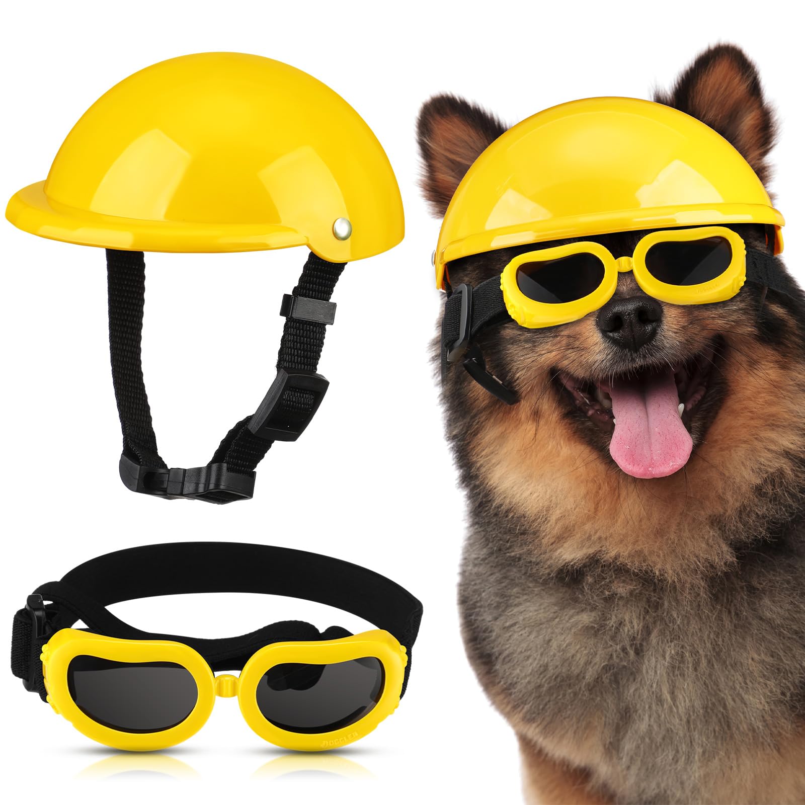 Photo 1 of Frienda Dog Helmet and Goggles, UV Protection Doggy Sunglasses and 4 Inch Padded Puppy Motorcycle Helmet Adorable Dog Goggles with Adjustable Belt for Small Dogs Puppy Riding(Yellow,M)