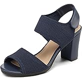 mysoft Women's Chunky Block High Heels Elastic Knit Open Toe Slingback Heeled Sandals