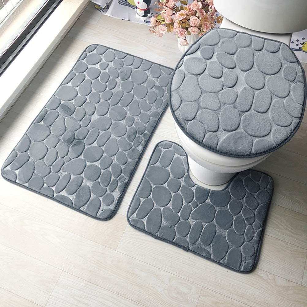 ele ELEOPTION 3 Piece Non Slip Pedestal Bath Mat Set, Toilet Lid Cover Mat