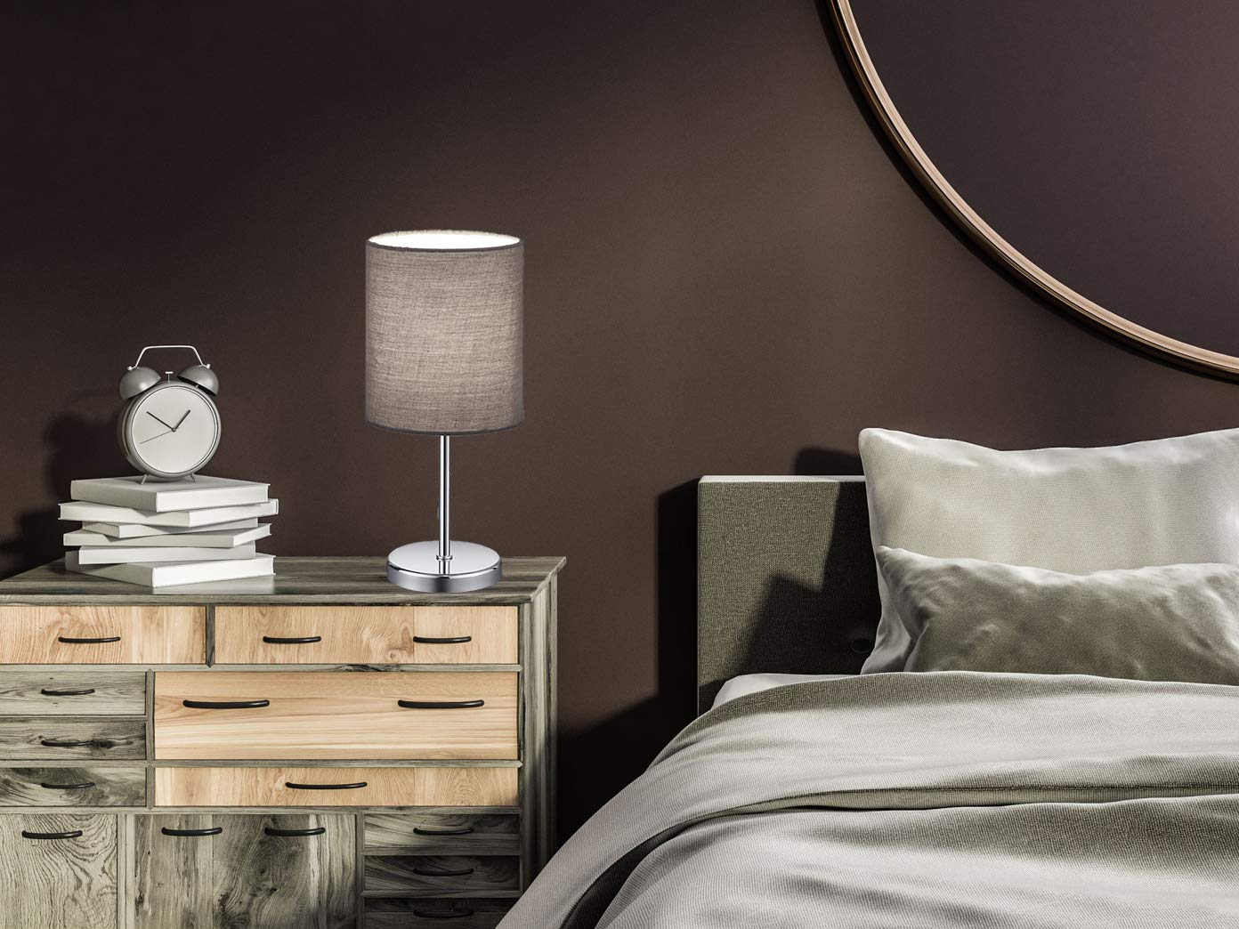 Reality Leuchten Tischleuchte Jerry R50491011, Metall Nickel matt, Stoffschirm Grau, exkl. 1x E14