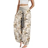 Xolivan Cute Harem Pants Women Dressy Casual Smocked High Waist Pants Lightweight Flowy Lounge Palazzo Trousers Summer