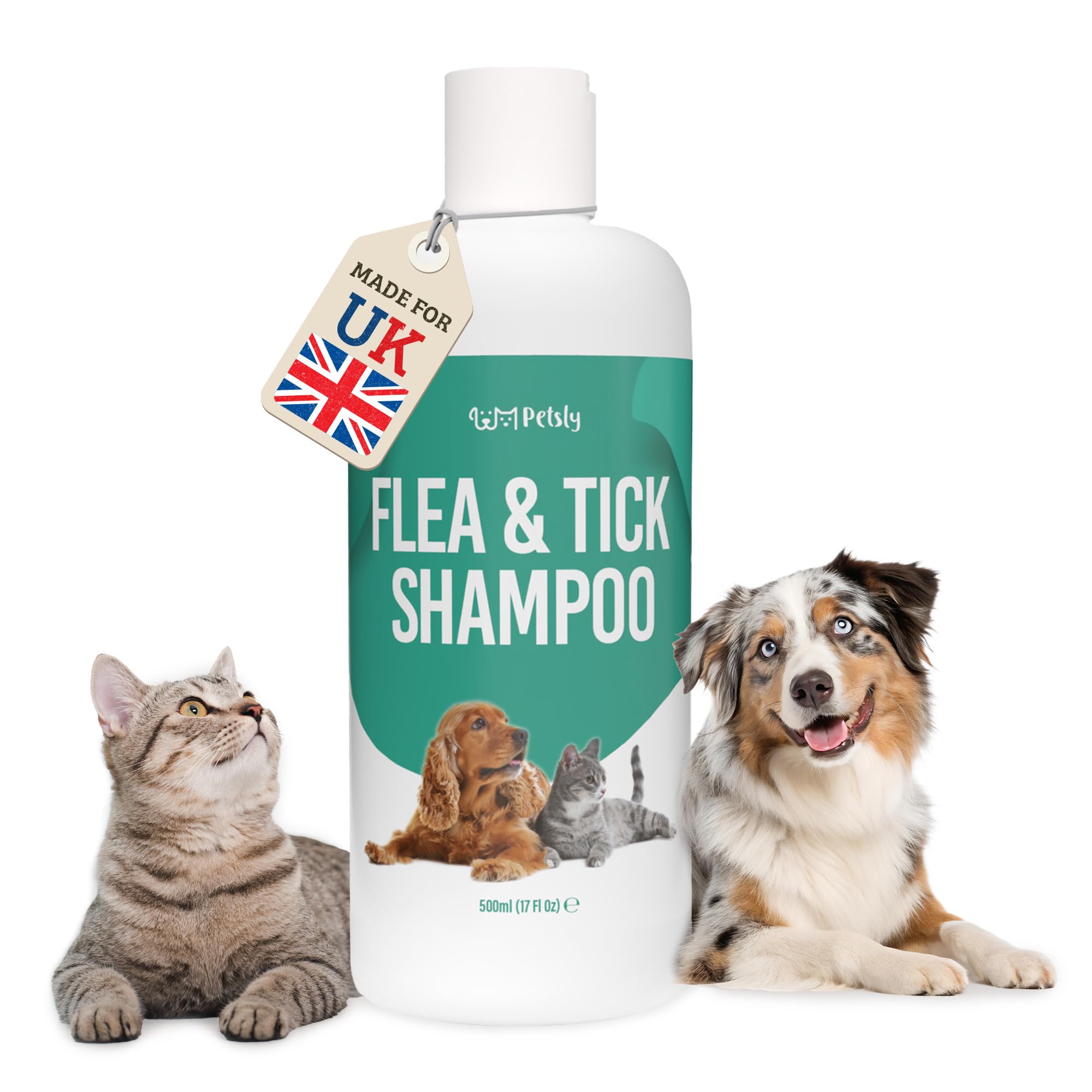 Petsly Flea & Tick Shampoo for Dogs & Cats -500ml- Gentle Cleansing Shampoo with Aloe Vera, Tea Tree, Chamomile & Vitamin B5 - Supports Flea & Tick Care for Sensitive Skin, Fresh Coat Care & Soft Fur
