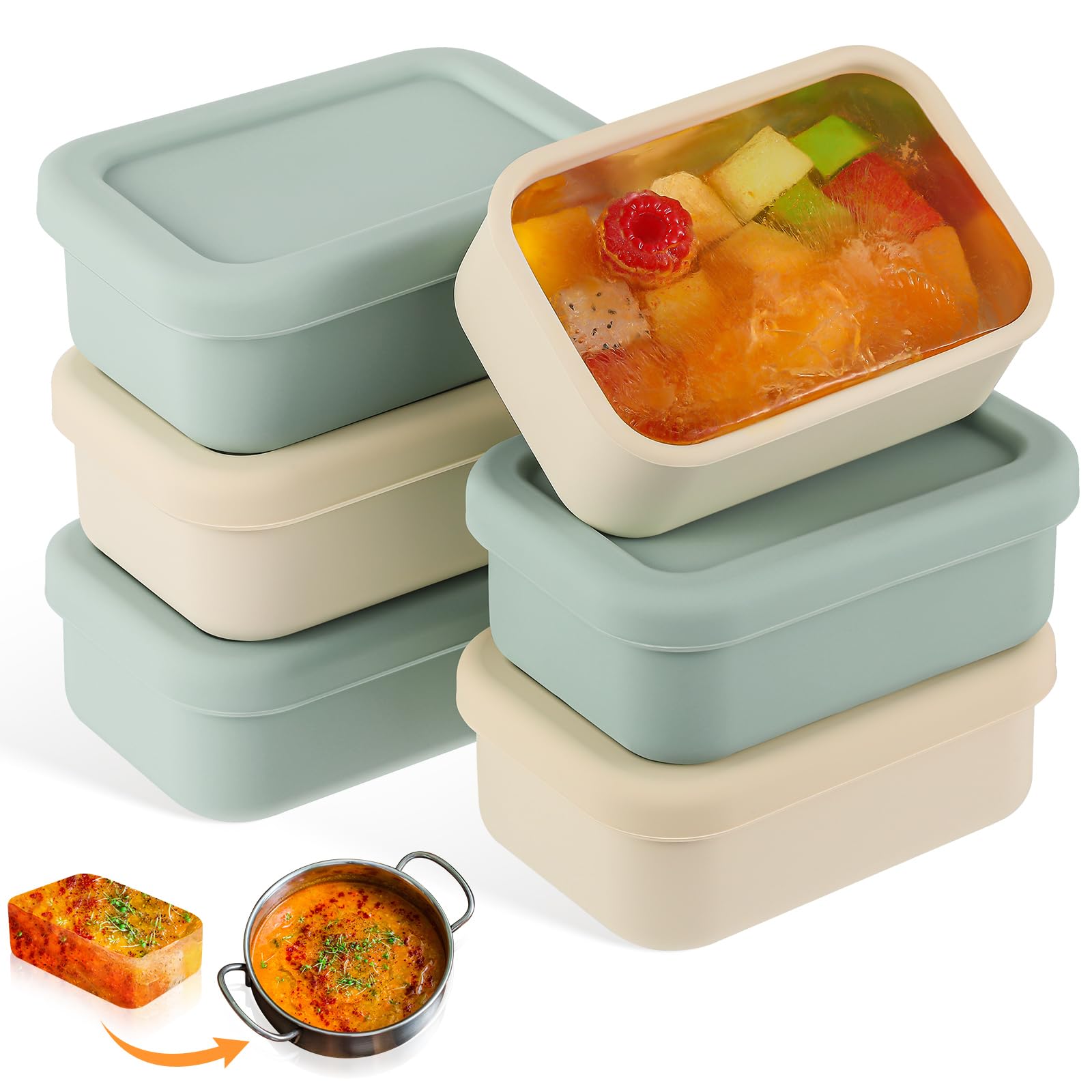 Photo 1 of Teenyyou 6 Packs 1 Cup Silicone Soup Freezer Molds with Lid Silicone Soup Freezer Trays Rectangle Reusable Food Preserving Tray Freezing Sauces Stews(Sage Green, Beige)