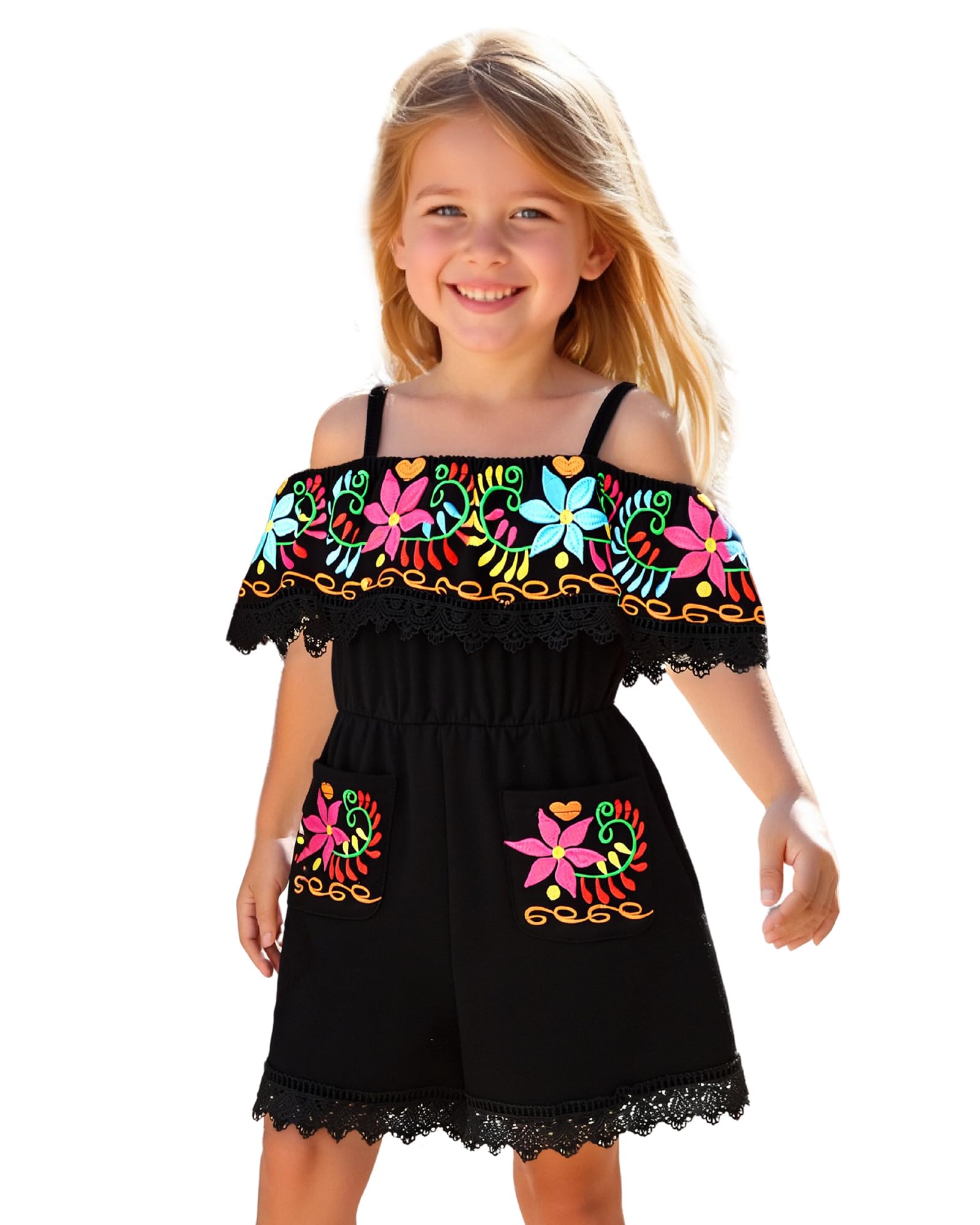 Photo 1 of HINTINA 5T Toddler Little Girl Embroidery Mexican Jumpsuit Size 5/6 Ethnic Wear Off Shoulder Romper 5 Years Old Traditional Mexico Themed Clothes Cinco De Mayo Fiesta Outfits Black