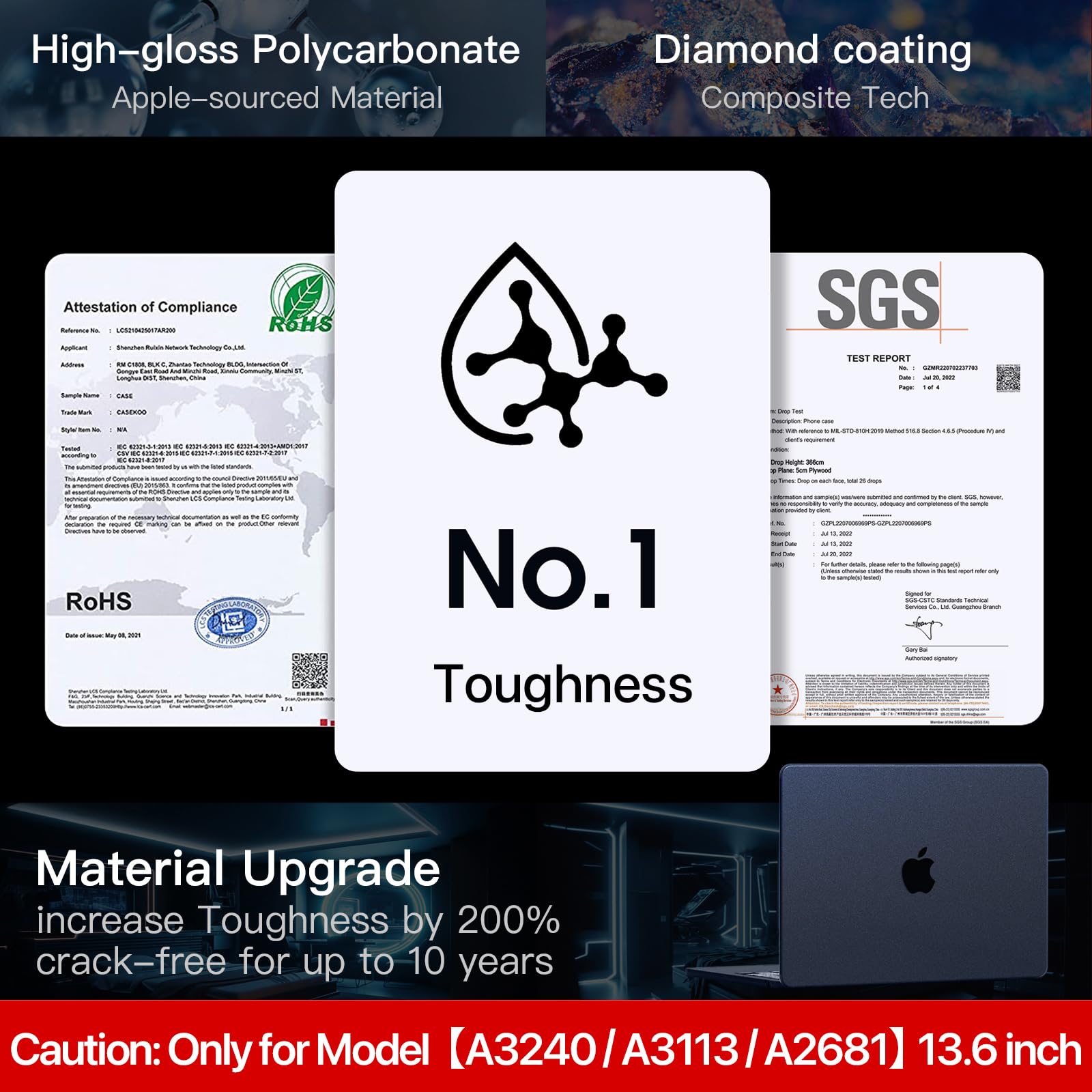 Soonjet Compatible for MacBook Air 13.6 inch Case M4 M3 M2 2025 2024-2022 Release Model A3240 A3113 A2681, Sturdy Protective Hard Shell Case Cover for MacBook Air M2 13 inch - Midnight Clear