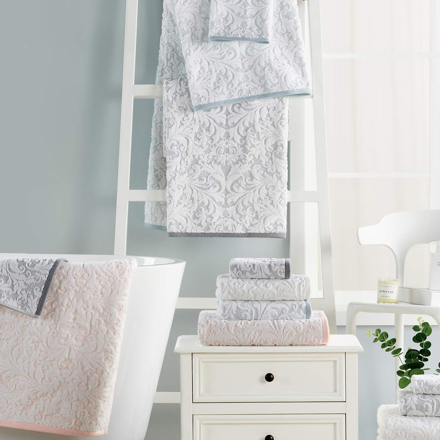 ALFRED SUNG HOME Cotton Decorative Towel Set, 6 Piece Jacquard Set Includes 2 Bath Towels, 2 Hand Towels, 2 Washcloths, Absorbent, Quick Dry, Soft, Patterned Bathroom Towels (Grey/White): Home & Kitchen