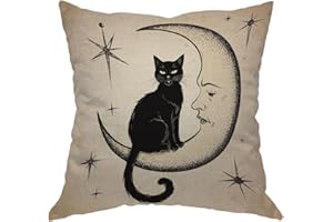 Moslion Cats Moon Throw Pillow Cover Pillow Case Black Cat Sits on The Moon Face Star Cotton Linen Pillow Case 18 x 18 Inch Cushion Cover for Sofa Living Room Light Brown