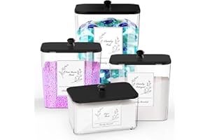 COAZEX 4 Pack Clear Laundry Pods Container & Dryer Sheet Holder, Plastic Square Laundry Room Organization and Storage Jars with Lids, Scoops & Labels for Detergent, Powder, Dryer Balls (Black Lid)