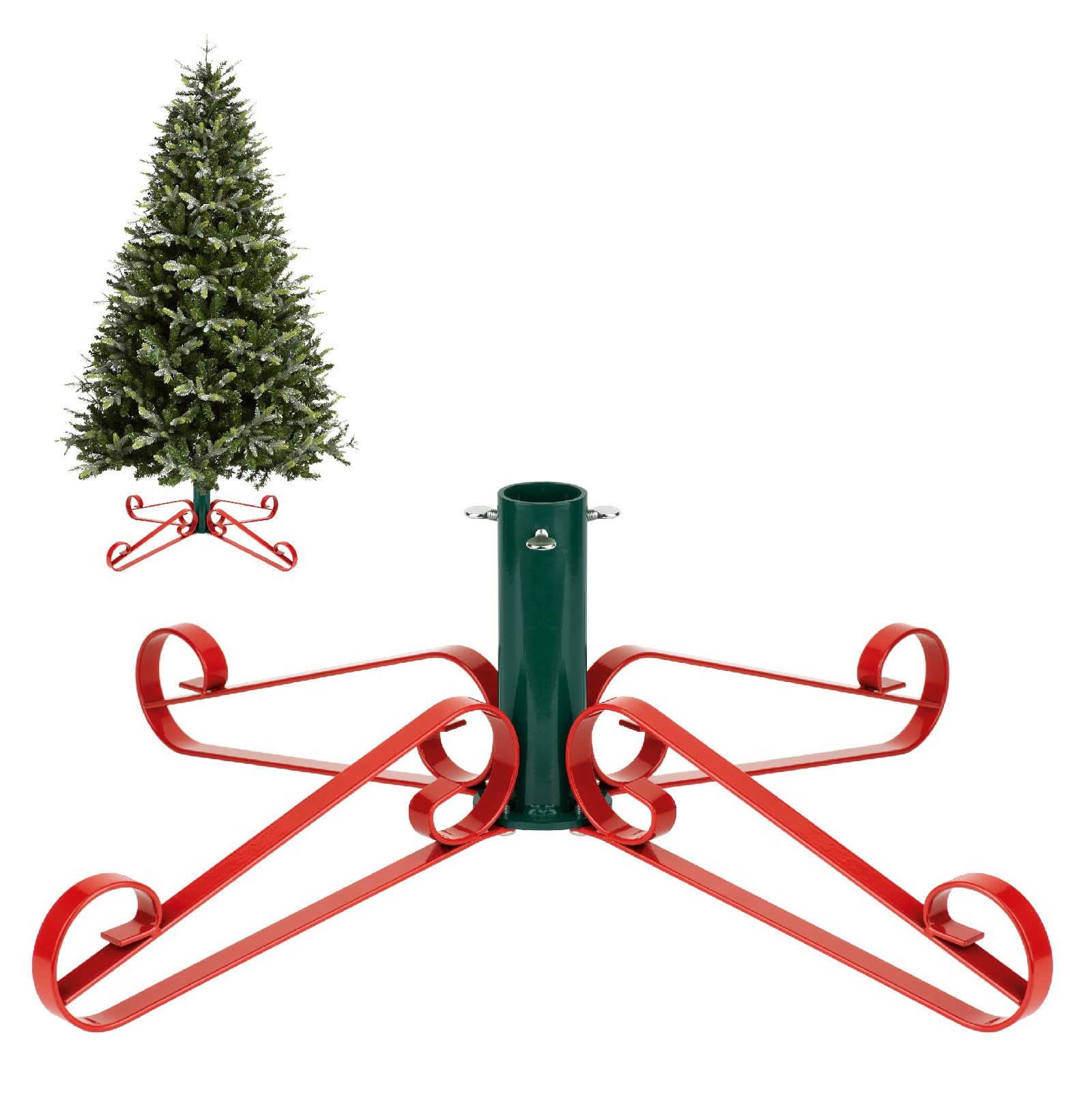 Photo 1 of Christmas Tree Stand for Artificial Trees 4 to 8 Foot Christmas Fake Tree Holder for Green & Red Indoor Outdoor Party Christmas Tree Ornaments Fits Up to 1.4" Xmas Tree Trunks