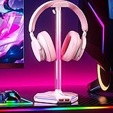 Pink RGB Headphone Stand with 2 USB Ports & Extension Cord, Gaming Headset Stand for Desktop Table, PC Gaming Accessories, Gifts for Girlfriend,Teen Boys Girls, Gaming Setup Organizer