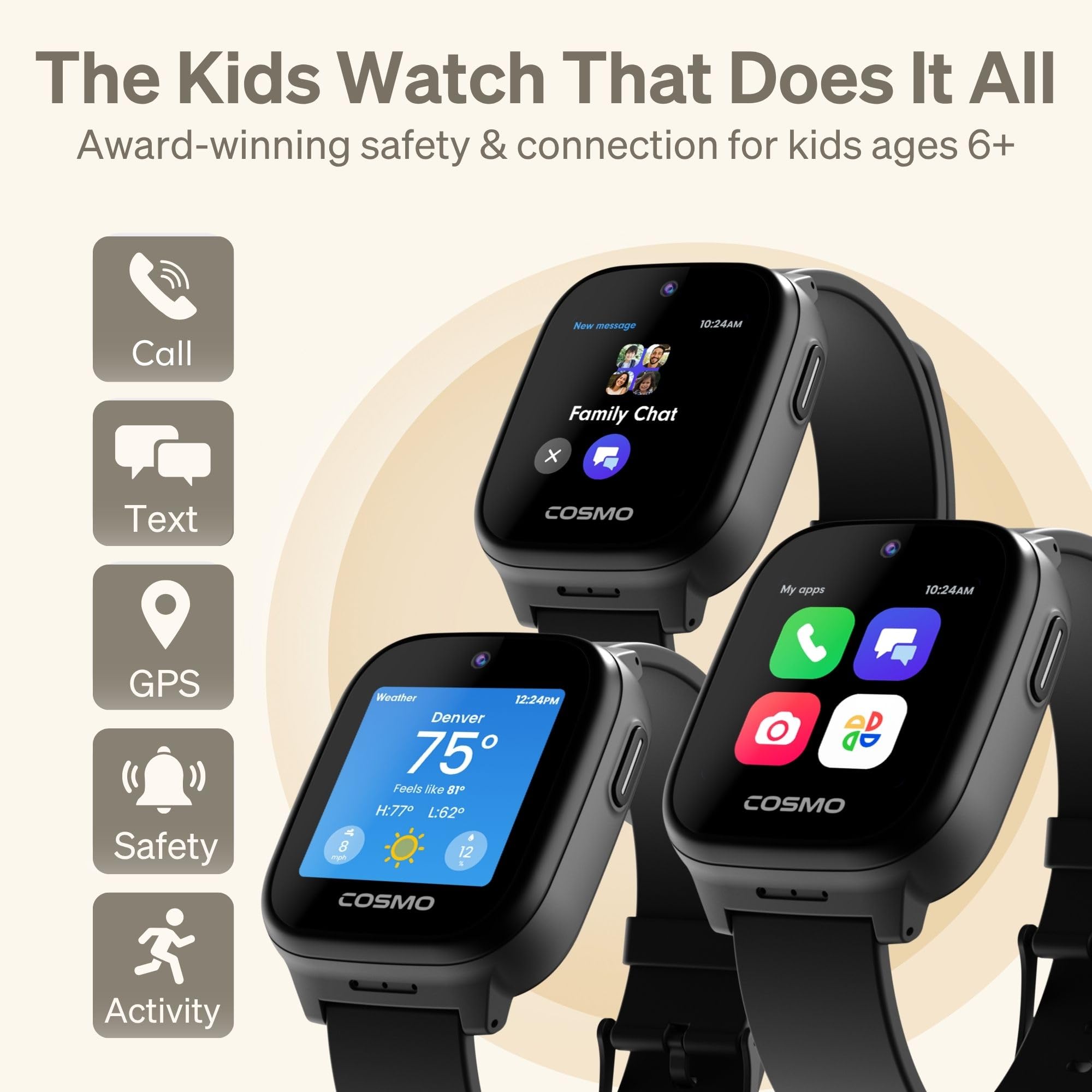 Reloj inteligente para niños JrTrack 5 de Cosmo | El mejor reloj telefónico seguro para niños | Seguimiento GPS de precisión en tiempo real | Llamadas, mensajes de texto, actividades, entornos escolares | Música de Spotify | Controles parentales | SOS y alertas de seguridad