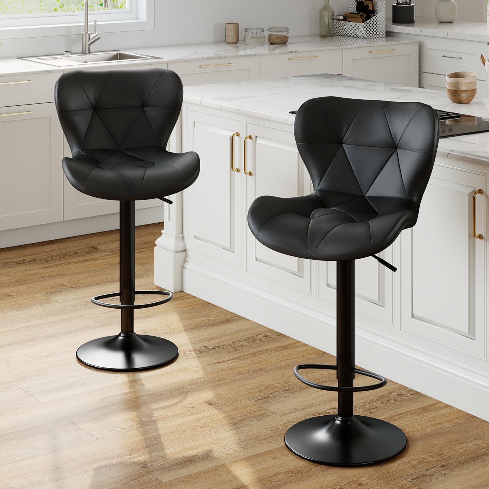 Photo 1 of ** GREY COLOR***Sweetcrispy Modern Bar Stools Set of 2, Adjustable Faux Leather Upholstered Swivel Bar Stools, Counter Height Bar Chairs with Back for Kitchen Island, Black