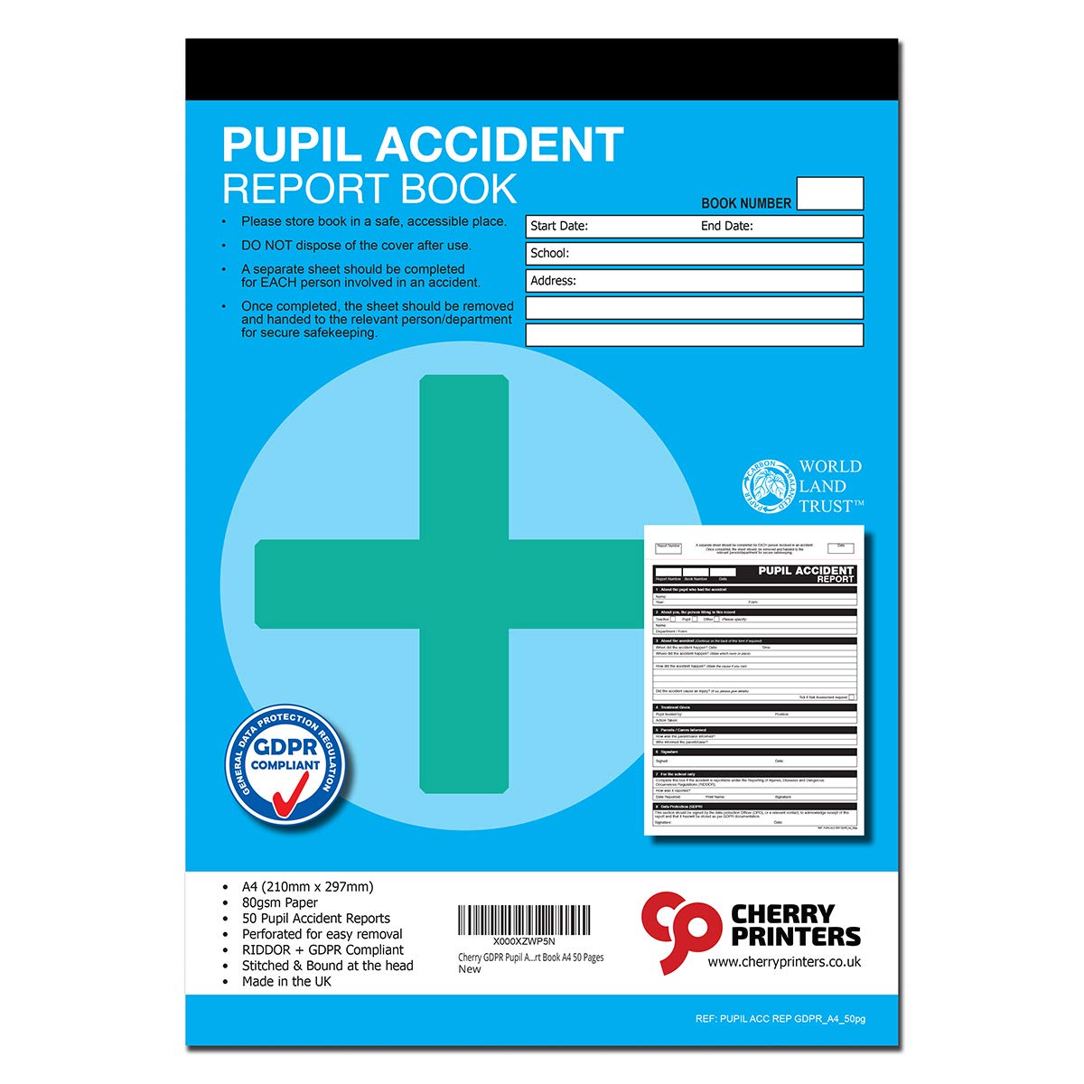 Cherry GDPR Pupil Accident Report Book A4 50 Pages