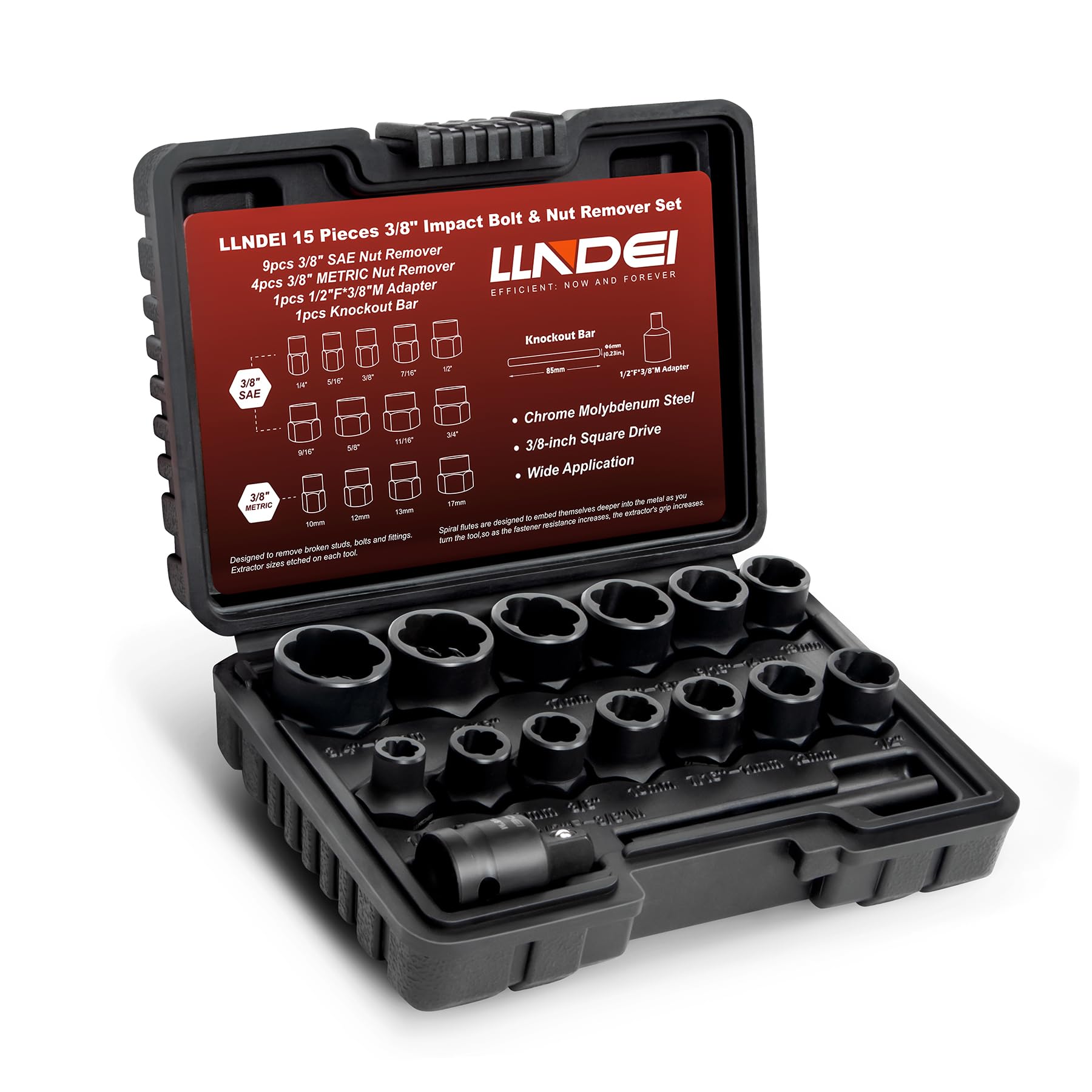 Photo 1 of LLNDEI Bolt Extractor Kit, 15PCS Easy Out Stripped Lug Nut Removal Set with 3/8-Inch Drive, Heavy Duty CR-MO Steel with Adapter, Professional Mechanic Tools for Removing Broken Nut and Bolt
