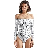 SUUKSESS Women Off the Shoulder Long Sleeve Bodysuit Double Lined Thong Bodysuit