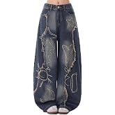OTEEGX Baggy Jeans Women Girls Cute Barrel Star Jeans Embroidered Y2k Pants | Patchwork Embroidered, High Rise, Teen Girls Barrel Pants, No Pockets On The Back, Oversized Grunge Trousers