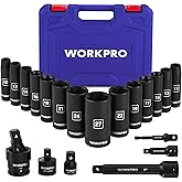 WORKPRO 20-Piece 1/2" Drive Deep Impact Socket Set, 6-Point, Cr-V Steel, 10-27mm, Universal Joint, Adapter and Extension Bar, Metric