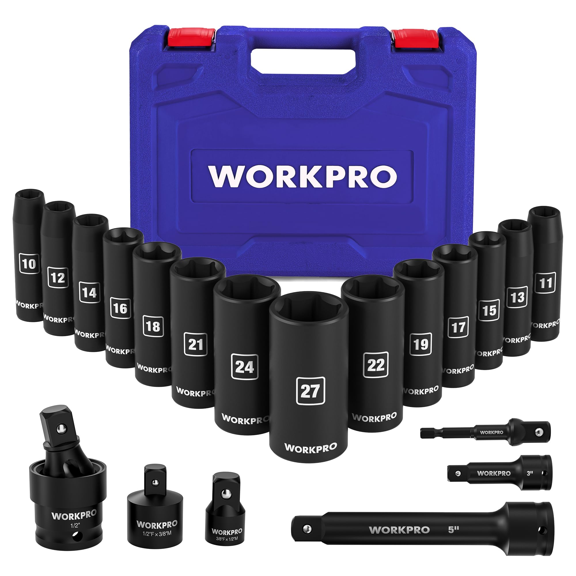 Photo 1 of WORKPRO 20-Piece 1/2? Drive Deep Impact Socket Set, 6-Point, Cr-V Steel, 10-27mm, Universal Joint, Adapter and Extension Bar, Metric