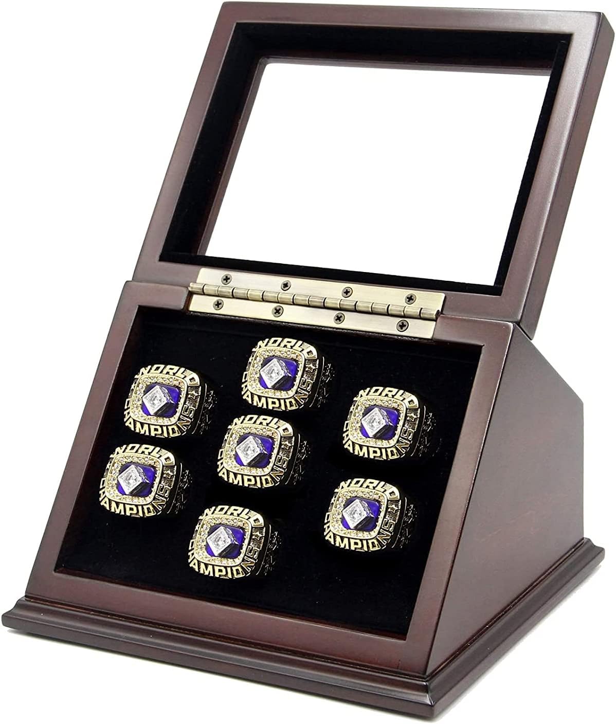 7 Slots Championship Rings Wooden Display case Shadow Box with Slanted Glass Window for Football Rings Basketball Hockey Sports Championship Rings - Rings are Not Included : Sports & Outdoors
