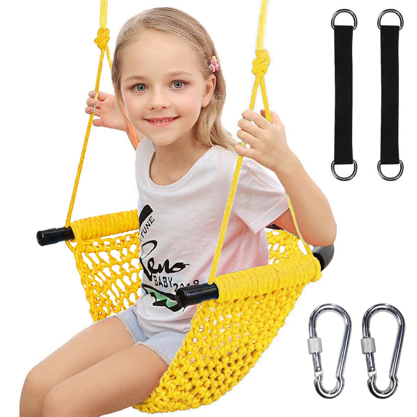 Hi-Na Kids Swing Seats Indoor Hand-Made with Adjustable Rope, Outdoor Tree Child Swing Seat for Backyard, Playground, Outside, Yellow, Polyester