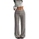 SOLY HUX Women's Plus Size Striped Pants Elastic Waist Wide Leg Knit Lounge Pants Casual Long Trousers