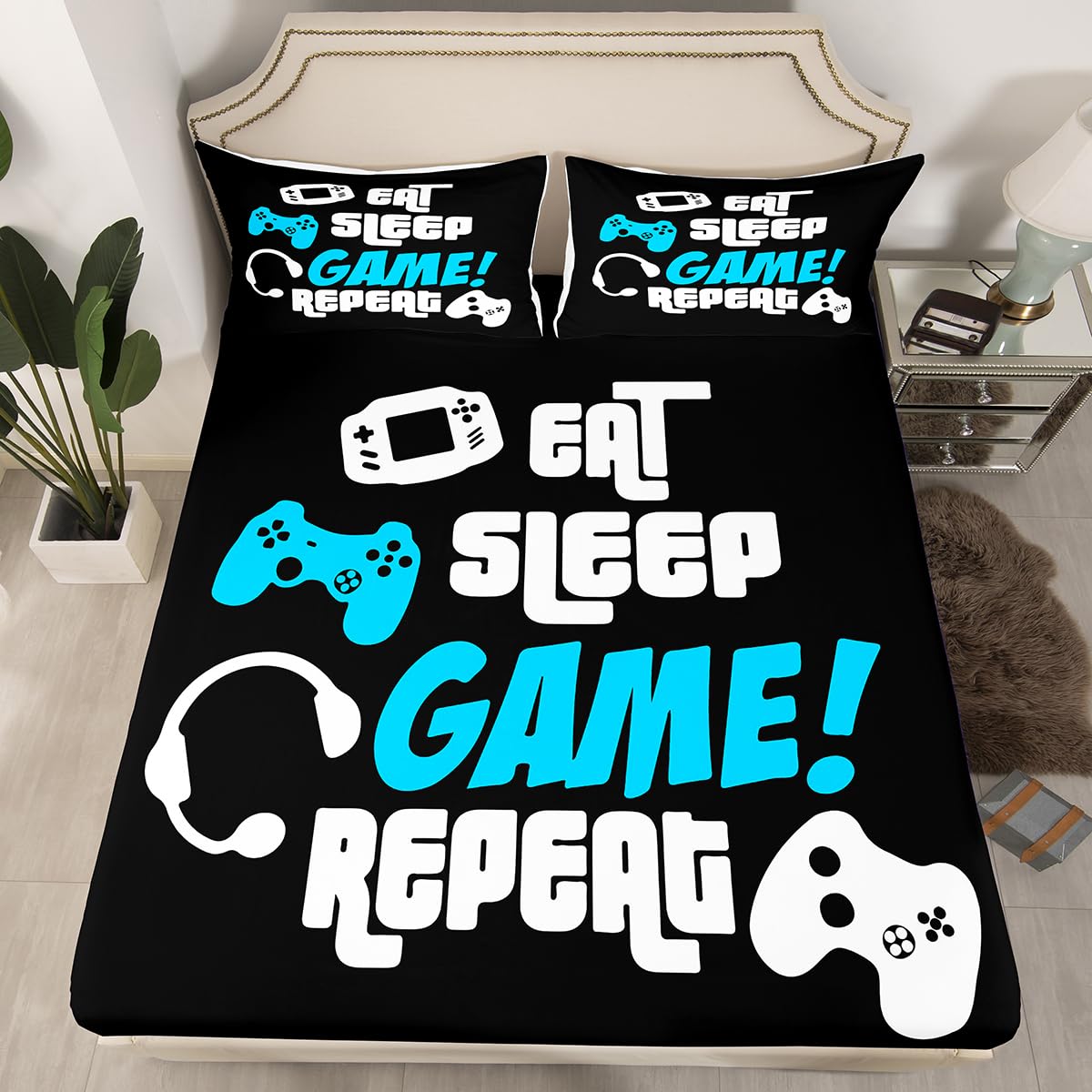 Gamer Fitted Sheet Gaming Bed Sheet Set for Kids Boys Girls Eat Sleep Game Repeat Bedding Set Youth Player Video Games No Flat Sheet 3Pcs Double Size