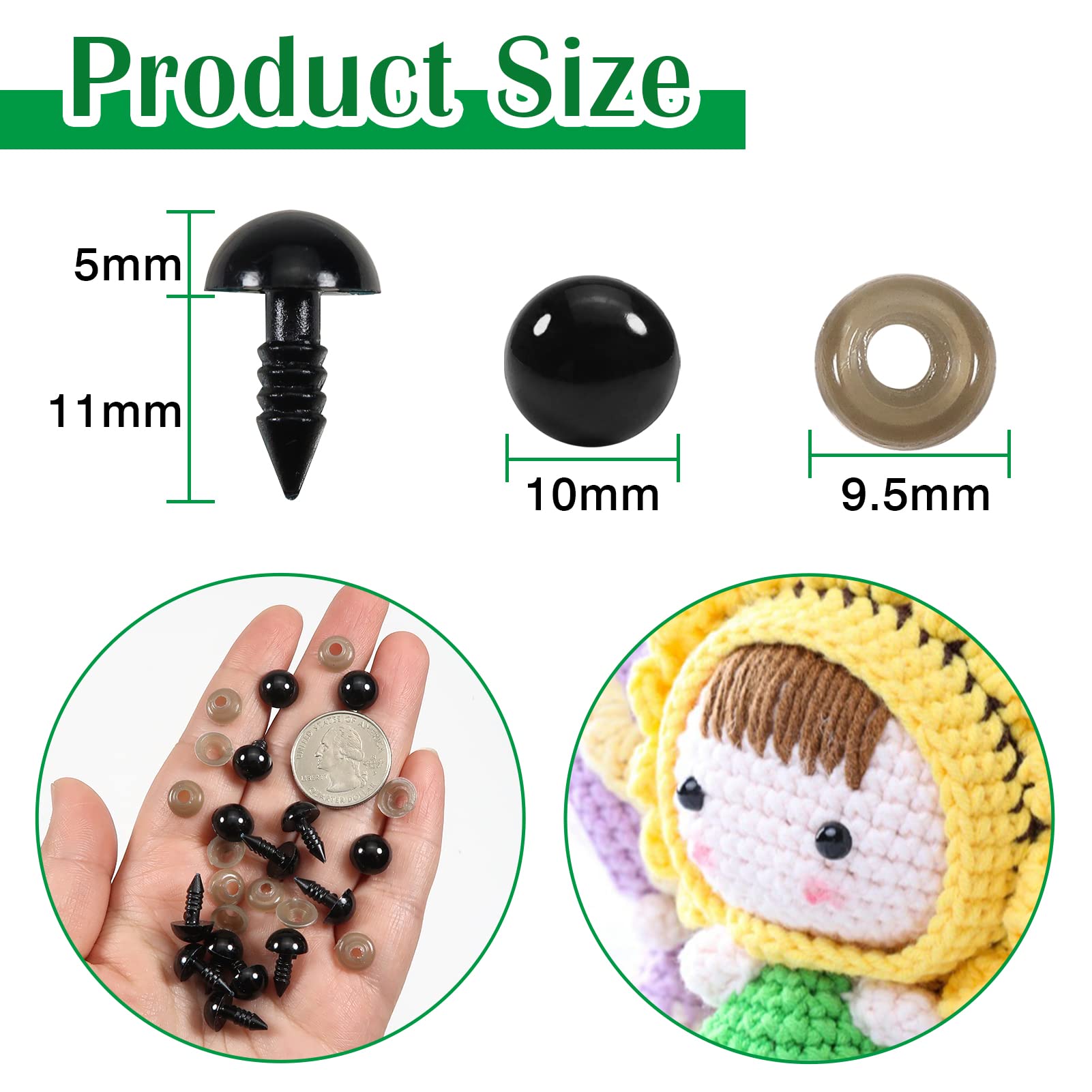 TOAOB 150pcs 10mm Black Plastic Safety Eyes Crafts Safety Eyes with 150pcs Washers for Stuffed Animals Amigurumis Crochet Bears Doll Making