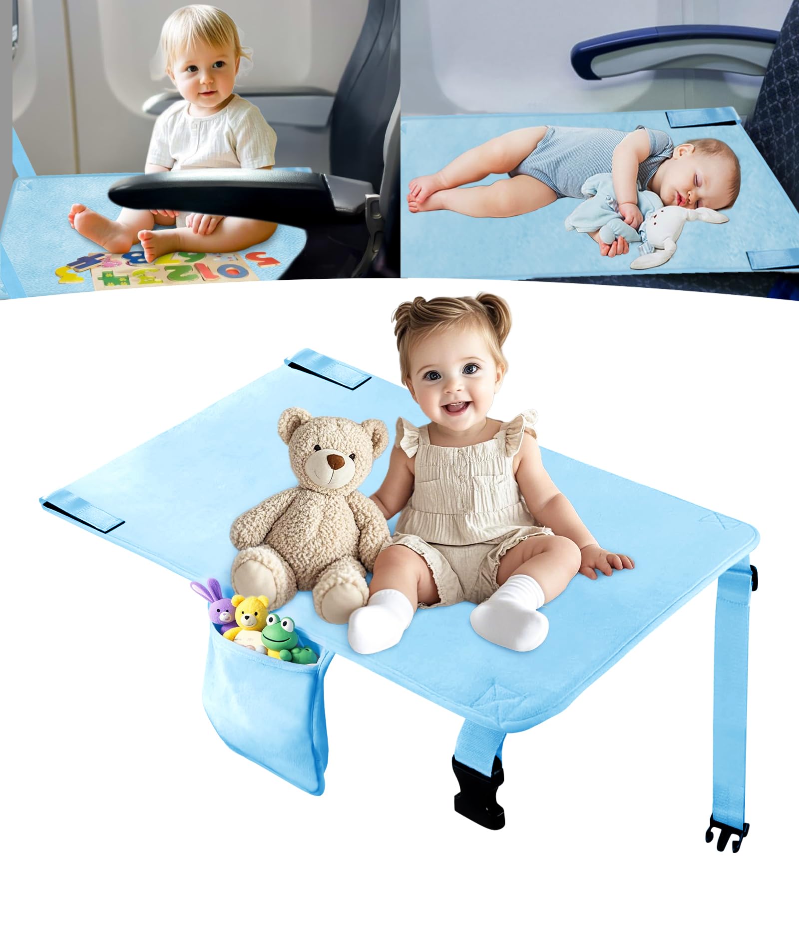 Photo 1 of Toddler Airplane Bed, Toddler Travel Bed Airplane Seat Extender for Kids, Plane Tray Cover with Built-in Holder, Baby Travel Essentials for Flying, Portable Plane Footrest for Kids Blue