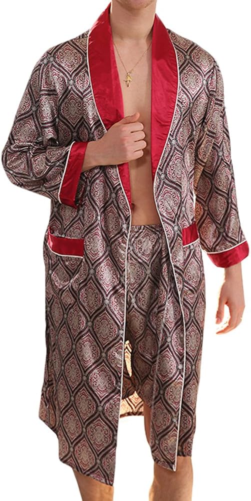 MAGE MALE Men's Summer Luxurious Kimono Soft Satin Robe with Shorts Nightgown Long-Sleeve Pajamas Printed Bathrobes at  Men’s Clothing store