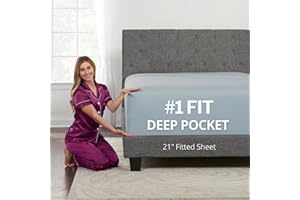 DEALUXE Extra Deep Pocket Queen Fitted Sheet – 18” - 21” Inch + Extra Deep Pocket Fitted Sheet Only - 1 Fitted Bed Sheet with Deep Pockets for Pillow Top Mattress Queen Size Fitted Sheets Light Blue