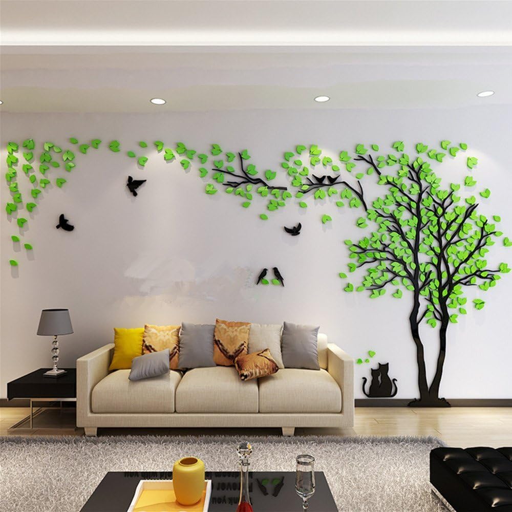 3D Huge Couple Tree DIY Wall Stickers Crystal Acrylic Wall Decals Wall Murals Nursery Living Room Bedroom TV Background Home Decorations Arts (XL, Green-Right)