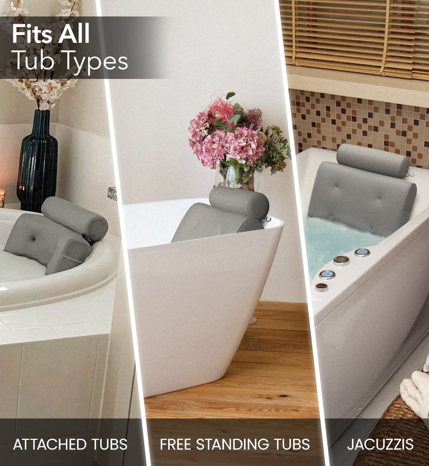 Everlasting Comfort Luxury Bath Pillows for Tub with Head and Neck Support - Non-Slip Bathtub Pillow with Suction Cups, Quick-Drying Mesh & Drying Hook - Jacuzzi & Spa Accessories for Women - Gray