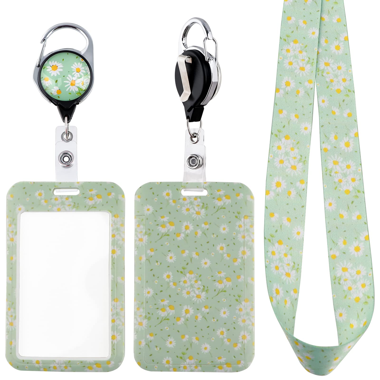 Juanooo Green Daisy ID Lanyard Card Holder & Retractable Badge Reel Clip Cute Flower Keychain Lanyard for Women Girls Teachers for ID Badges & Keys Preppy Aesthetic Neck Lanyard for School Student ID — image 1