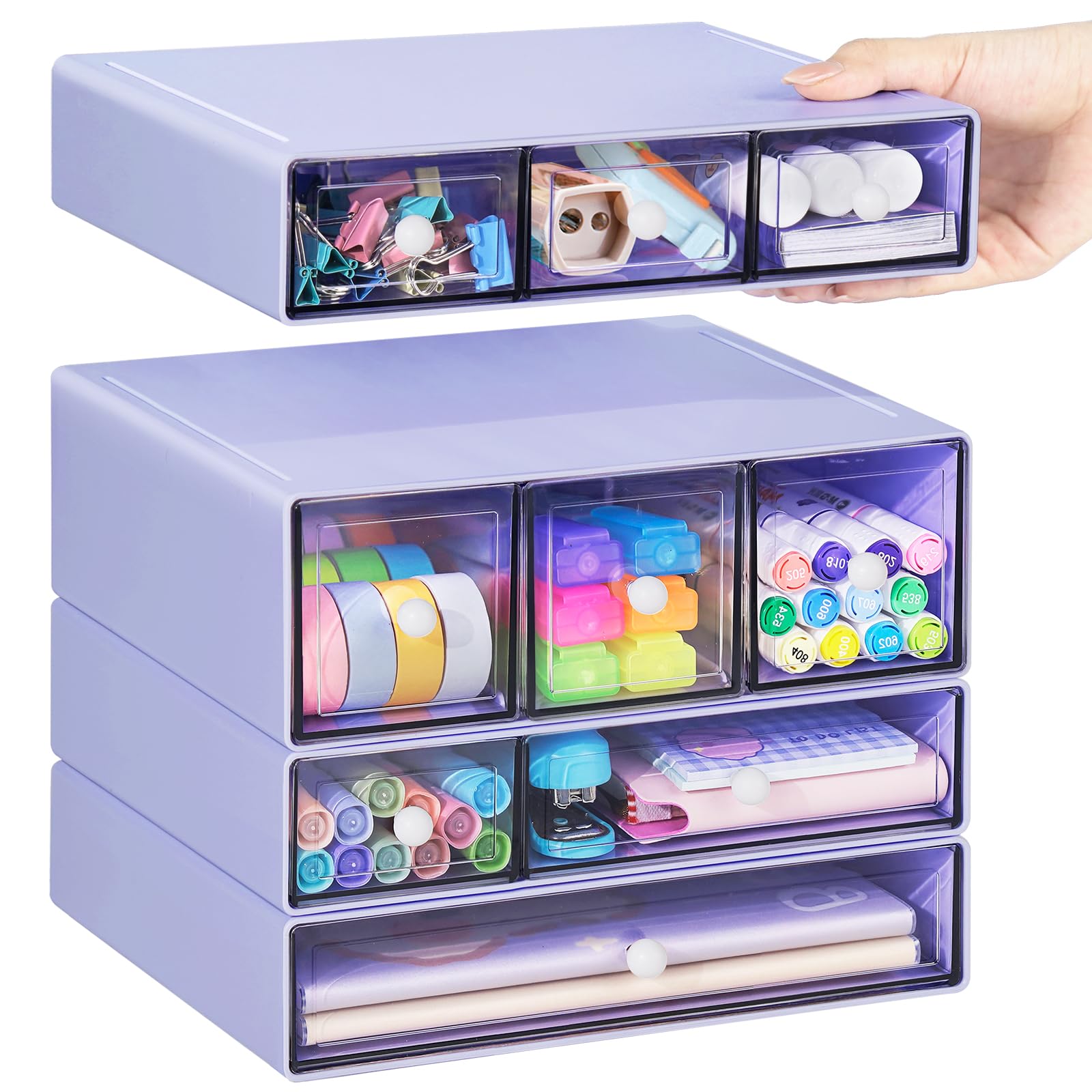Desk Storage Organizer with 9 Drawers,ToyaJeco 4 Tiers Stackable Desktop Craft Storage Drawers, Clear Storage Box Caddy for Stationary Makeup Jewelry Office Craft Supplies (Purple)