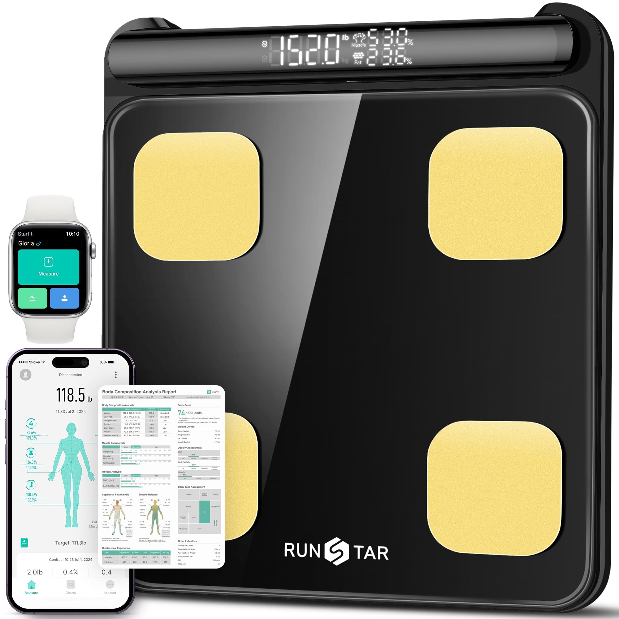 RunStar Smart Scale for Body Weight FSA&HSA Eligible, 8-Electrode Digital Bathroom Scale with BMI, Body Fat Percentage & Muscle Mass to 28 Body Composition and Printable Body Analysis Report Image