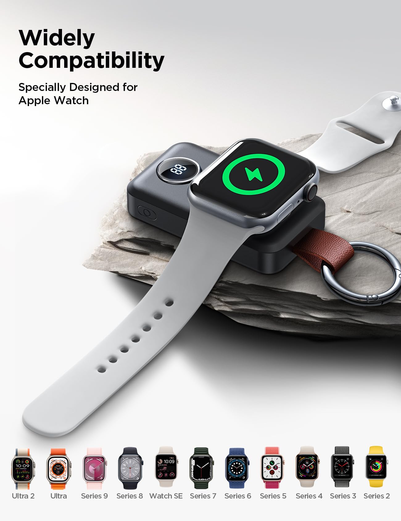 JOYROOM Portable 2000mAh Wireless Charger Compatible for Apple Watch Series 10/9/8/7/6/5/4/3/2/1/SE/UItra 2/Ultra, Compact Magnetic iWatch Charger Keychain Style Travel Essentials (Black)