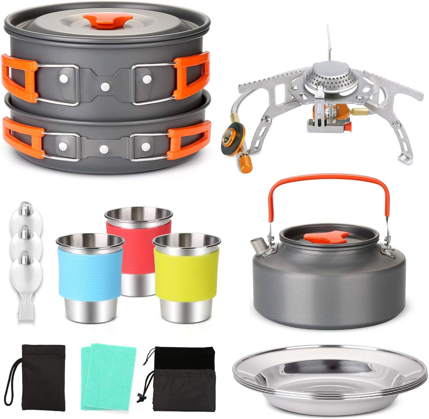 Odoland 17pcs Camping Cookware Mess Kit Backpacking with Camp Stove, Camping Pot Pan Kettle with Camp Utensil for 3, Cups Dishes Sporks Kit for Outdoor Camping Hiking and Picnic