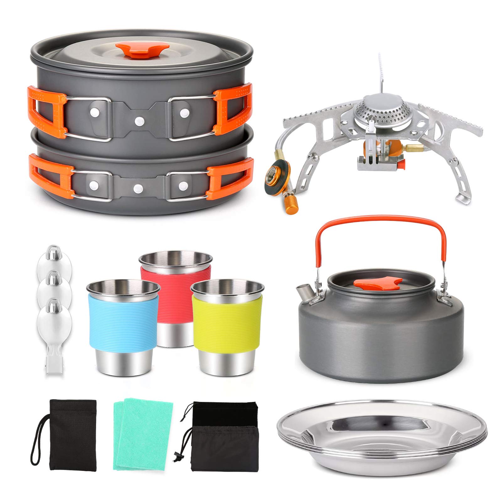 Odoland 17pcs Camping Cookware Mess Kit Backpacking with Camp Stove, Camping Pot Pan Kettle with Camp Utensil for 3, Cups Dishes Sporks Kit for Outdoor Camping Hiking and Picnic